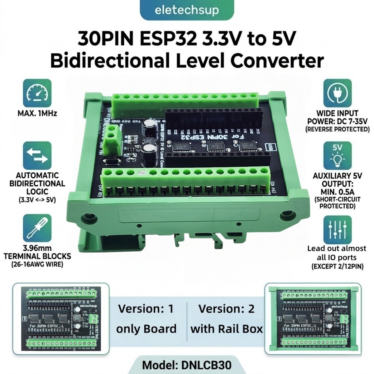 Level Shifter 3.3V - Adattatore per Guida DIN ESP32 30P,